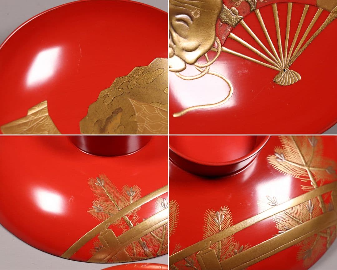 MA243 加賀蒔絵 能楽・翁 本金高蒔絵 朱塗三ッ盃・盃台 松蒔絵 木製 杯