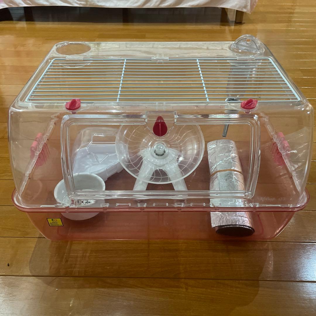 小動物用クリアケージ ホイール、ヒーター、トイレ、餌入れ、パイプ付き