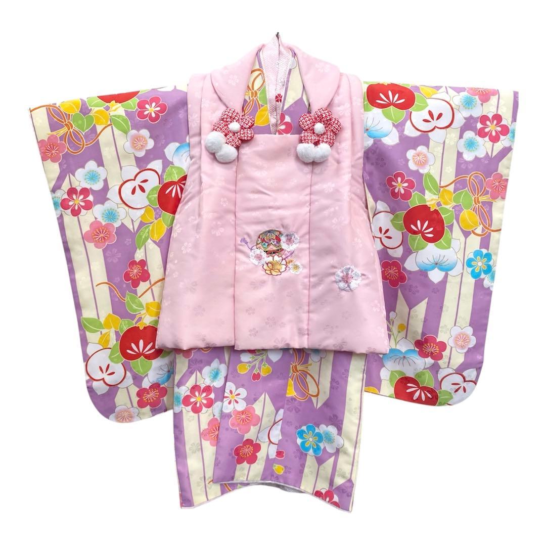 3歳七五三 着物セット　女の子 ピンク　紫　ストライプ　花柄刺繍　小町kids