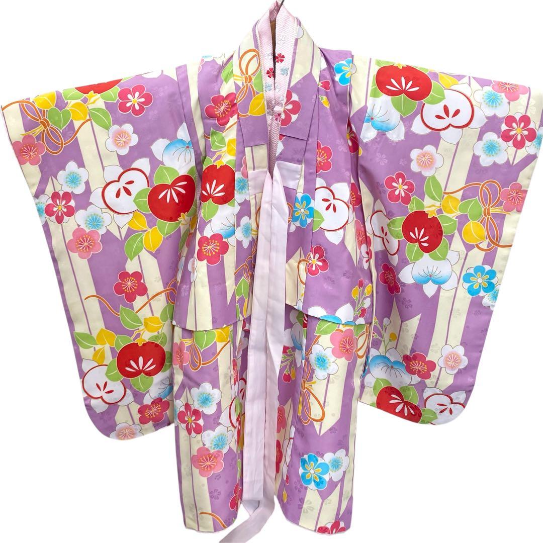 3歳七五三 着物セット　女の子 ピンク　紫　ストライプ　花柄刺繍　小町kids