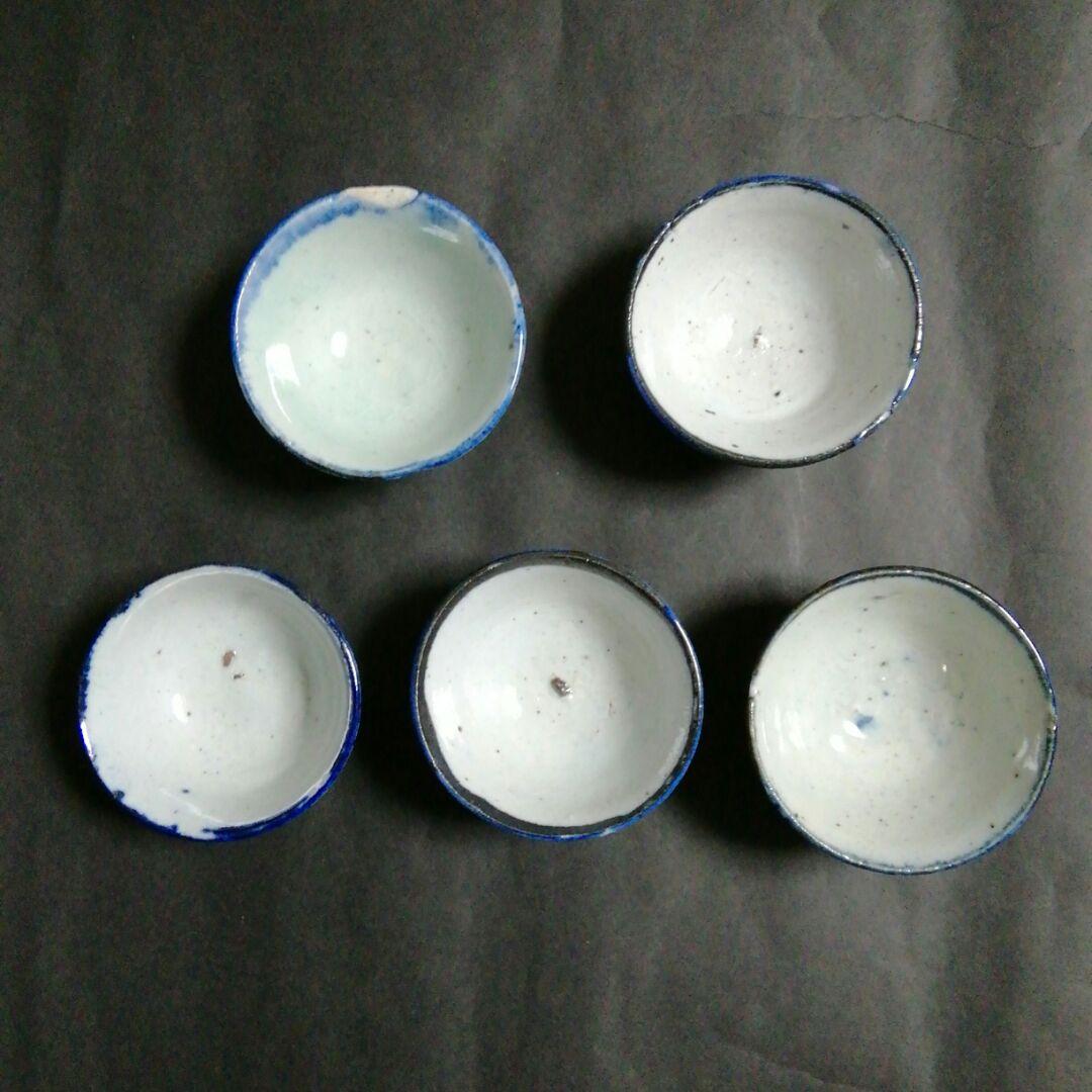 中国清朝　南京染付青花メダカ文酒盃　５客揃　南京染付　安南染付　清朝