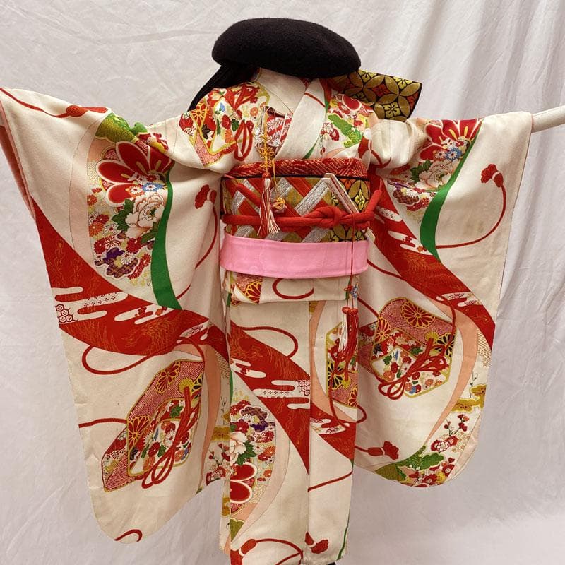 512ag39◎七五三 七歳 女児 アンティーク着物&袋帯 レトロ 総柄 白◎