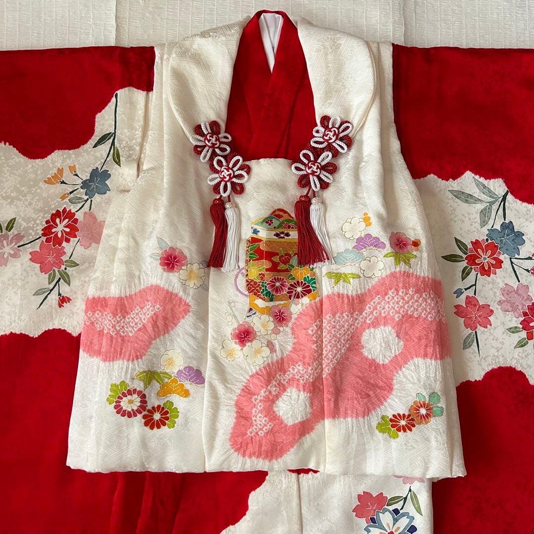 七五三 3歳 着物 753 絹 被布 ピンク 絞り 三歳 赤 刺繍 巾着