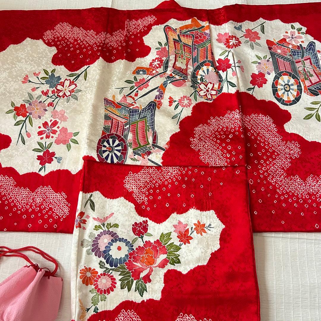 七五三 3歳 着物 753 絹 被布 ピンク 絞り 三歳 赤 刺繍 巾着