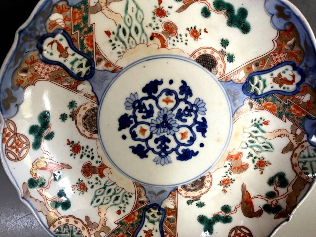 皿■赤絵花弁型窓花鳥紋皿(江戸後期～明治期)鯉 松竹梅 中皿 2枚セット 骨董■