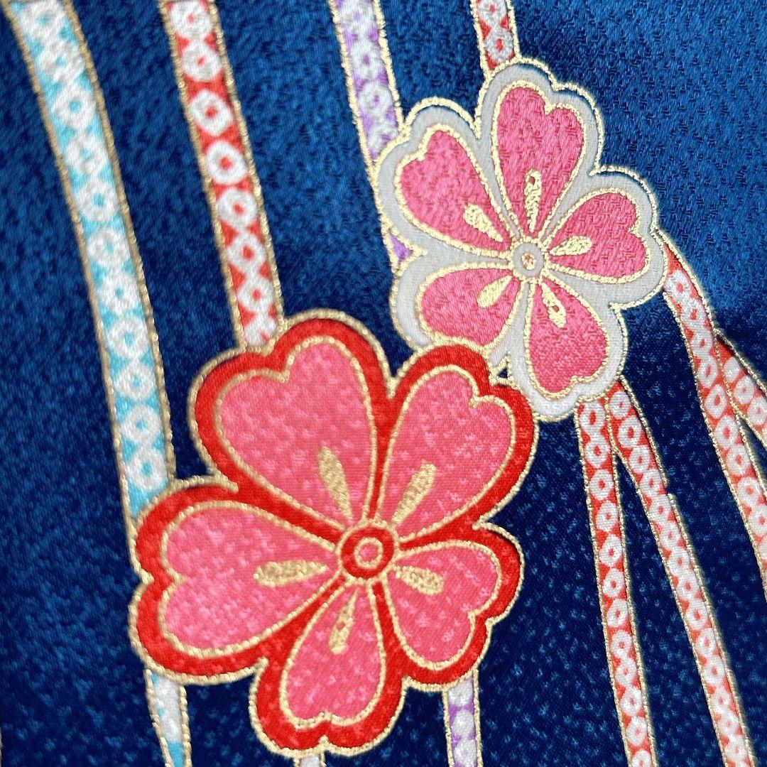 セット七五三7歳女の子長着＆袖なし長襦袢＆袋帯＆草履＆巾着＆小物紺金プリント鼓花