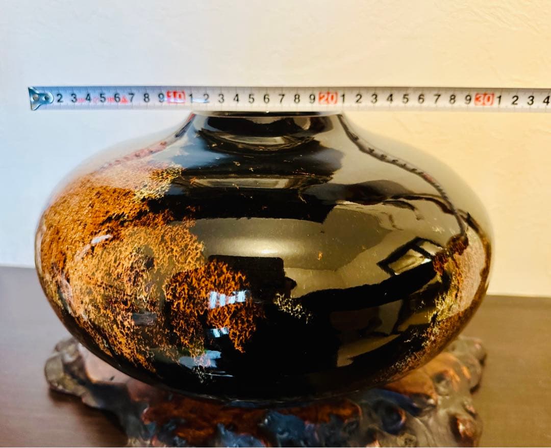 南紀 御浜窯 服部勘峰 作☆錦絹雪映文 黒釉 大花瓶☆茶華道 銘入り 極美品