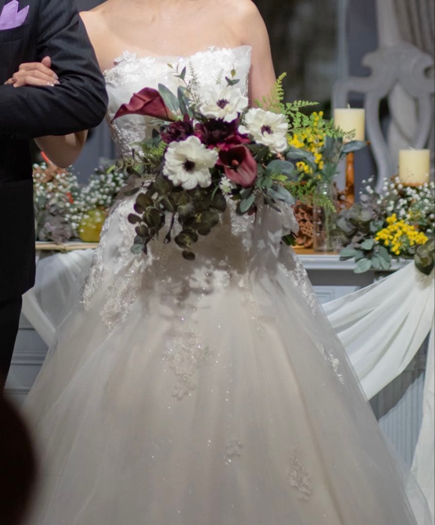 Aラインウェディングドレス 7-11号 キラキラ×チュール オフショル付属可能