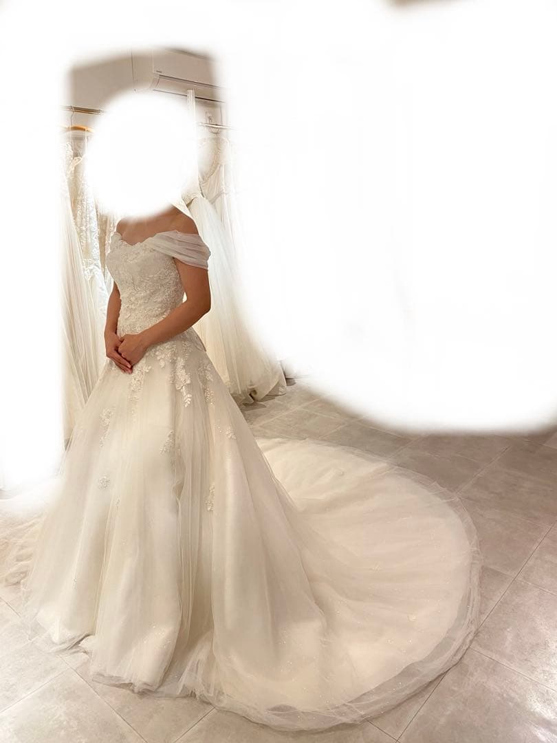 Aラインウェディングドレス 7-11号 キラキラ×チュール オフショル付属可能