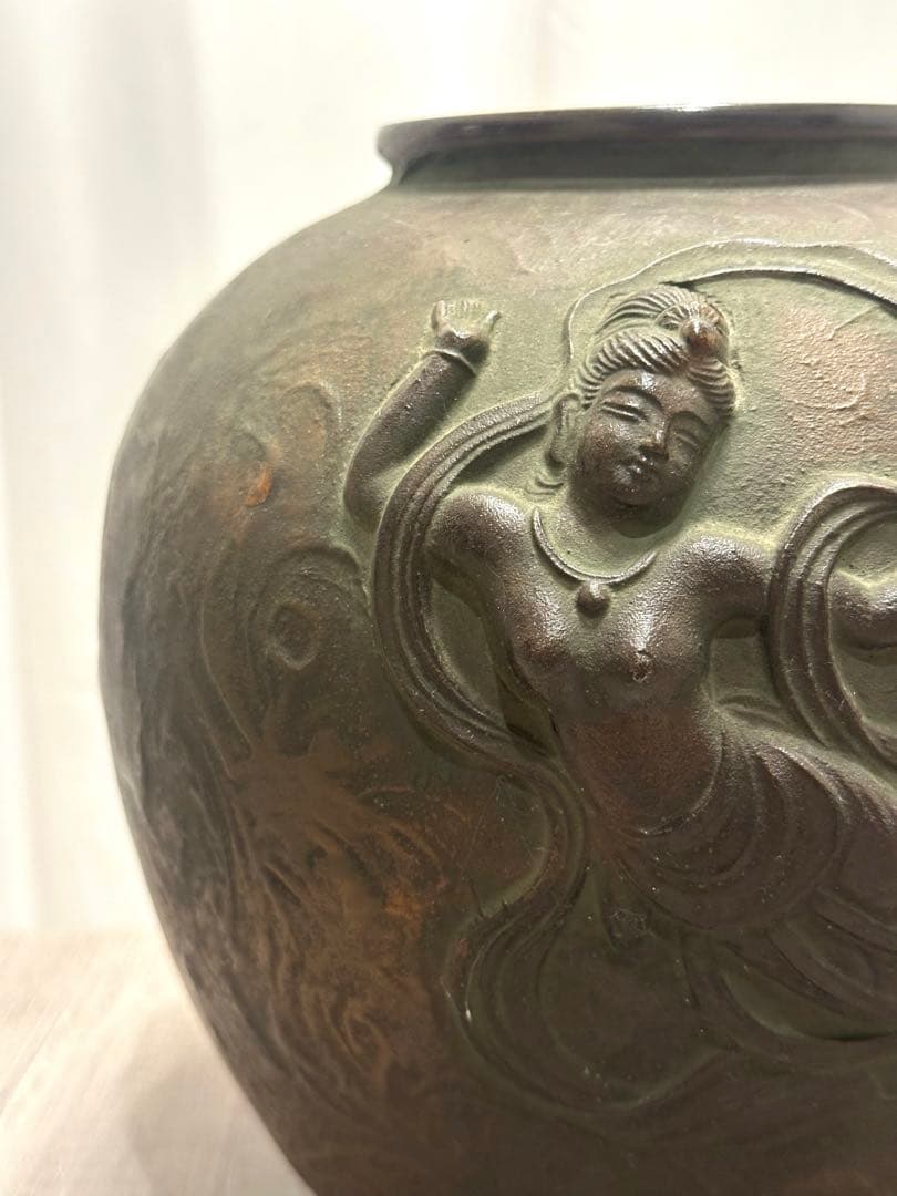 天女図 青銅壺 花瓶 インテリア 置物 ブロンズ 花器 高さ21cm