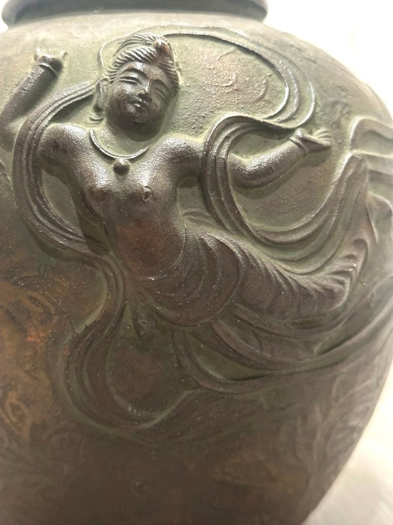 天女図 青銅壺 花瓶 インテリア 置物 ブロンズ 花器 高さ21cm