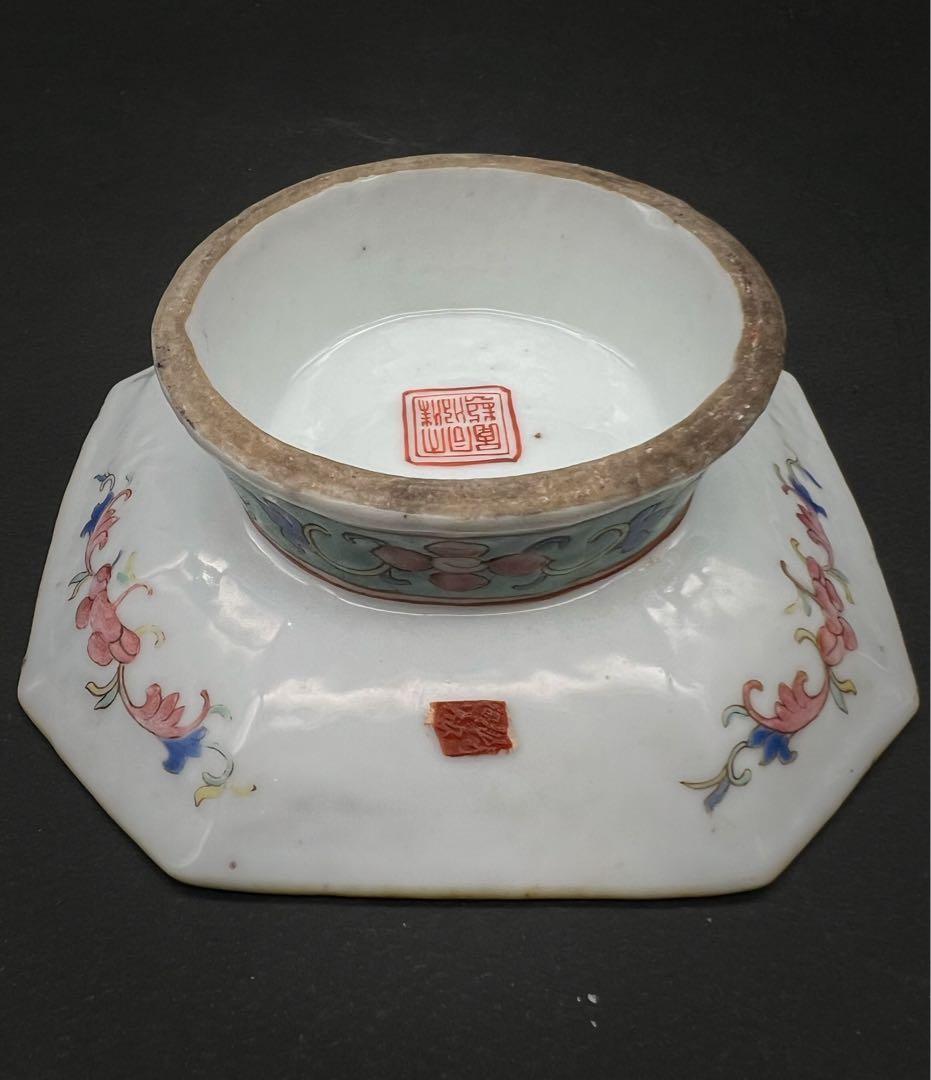 中国美術 古玩 清代 同治 六角粉彩皮球花紋樣 高足盤