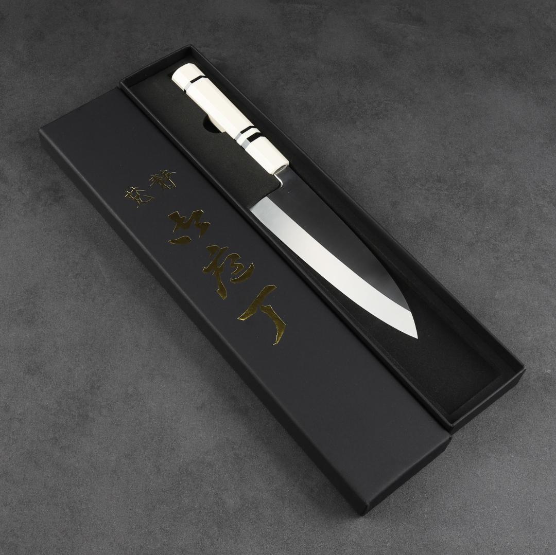 6882 出刃包丁 6寸 刃渡り180mm 刺身包丁 人工象牙黒三本巻八角柄