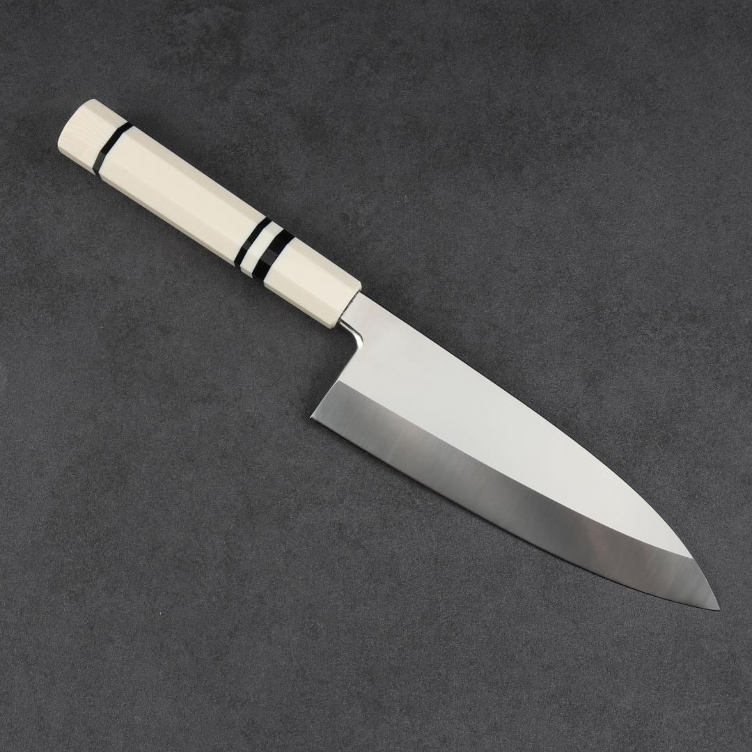 6882 出刃包丁 6寸 刃渡り180mm 刺身包丁 人工象牙黒三本巻八角柄