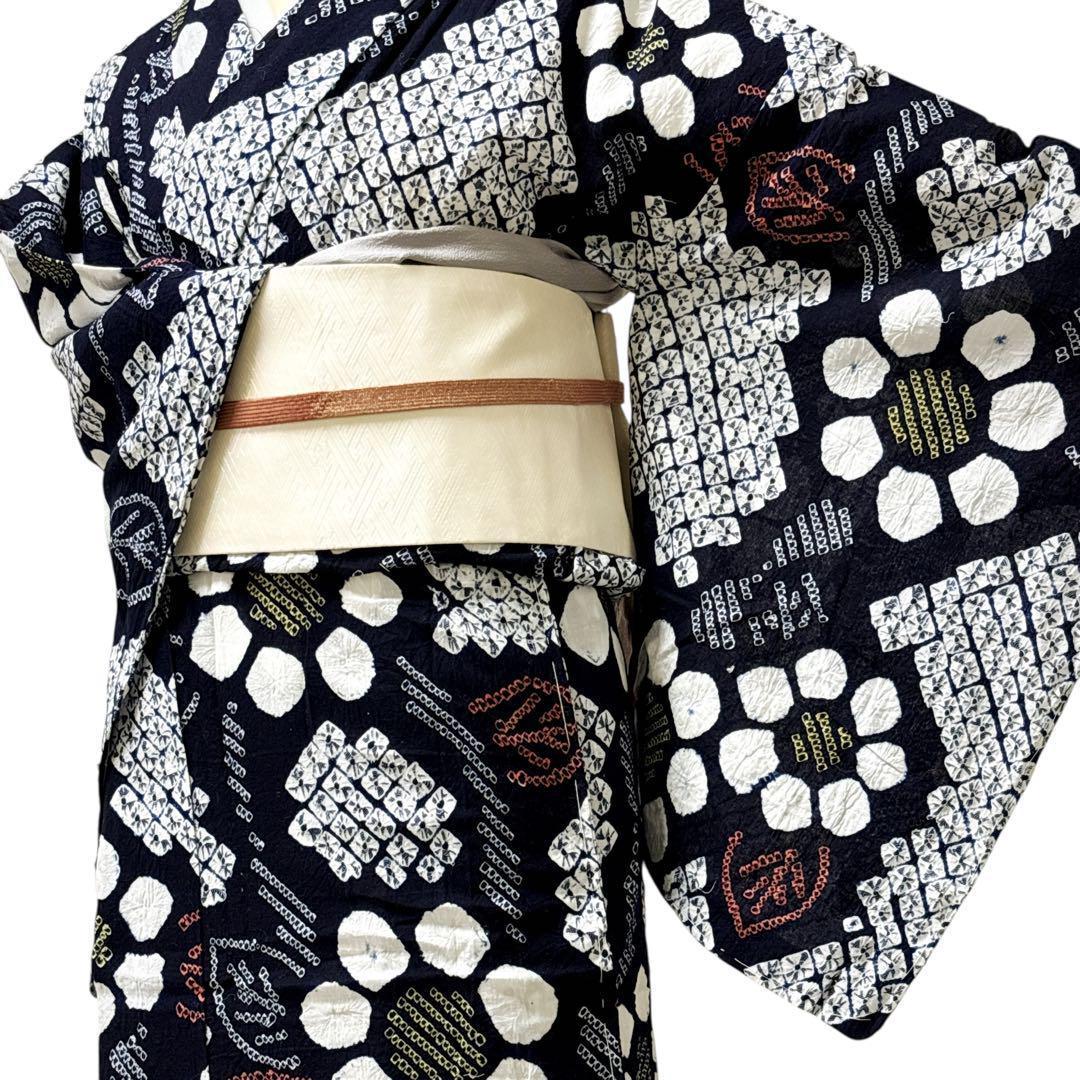 A61有松鳴海絞り 高級浴衣 綿　手縫い仕立て　仕付け糸　美品