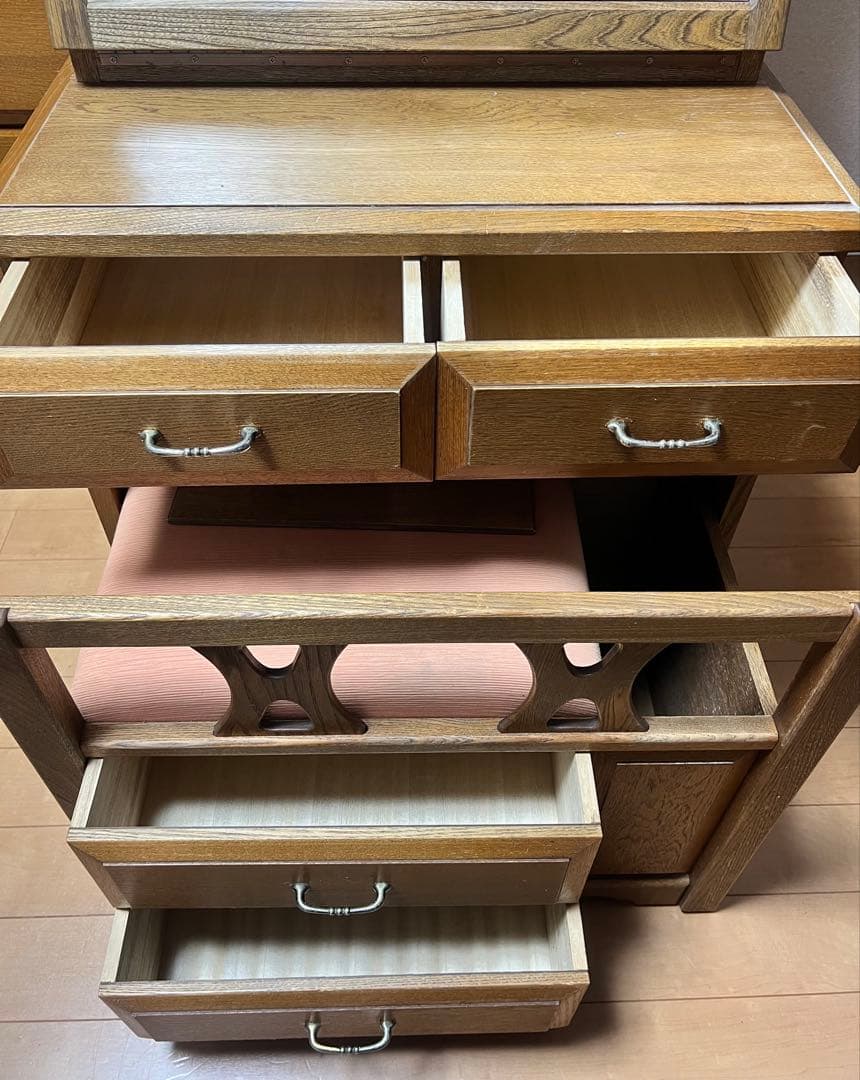 木製ドレッサー 鏡台 化粧台 コンセント 開閉式ミラー 収納付椅子セット レトロ