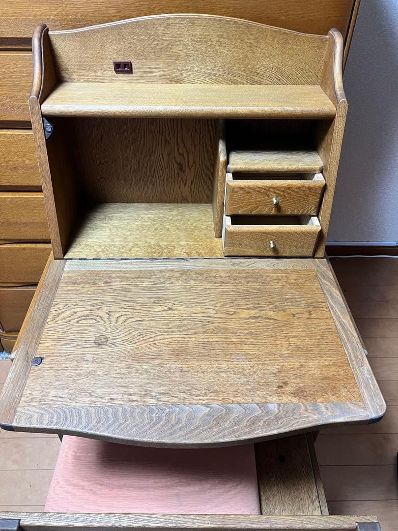 木製ドレッサー 鏡台 化粧台 コンセント 開閉式ミラー 収納付椅子セット レトロ