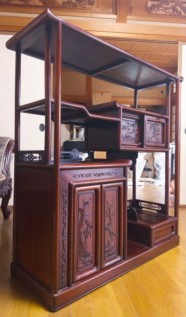 茶箪笥　古道具　骨董品　蔵出し　昭和レトロ　古民家　木製彫刻ラック 引き出し付き
