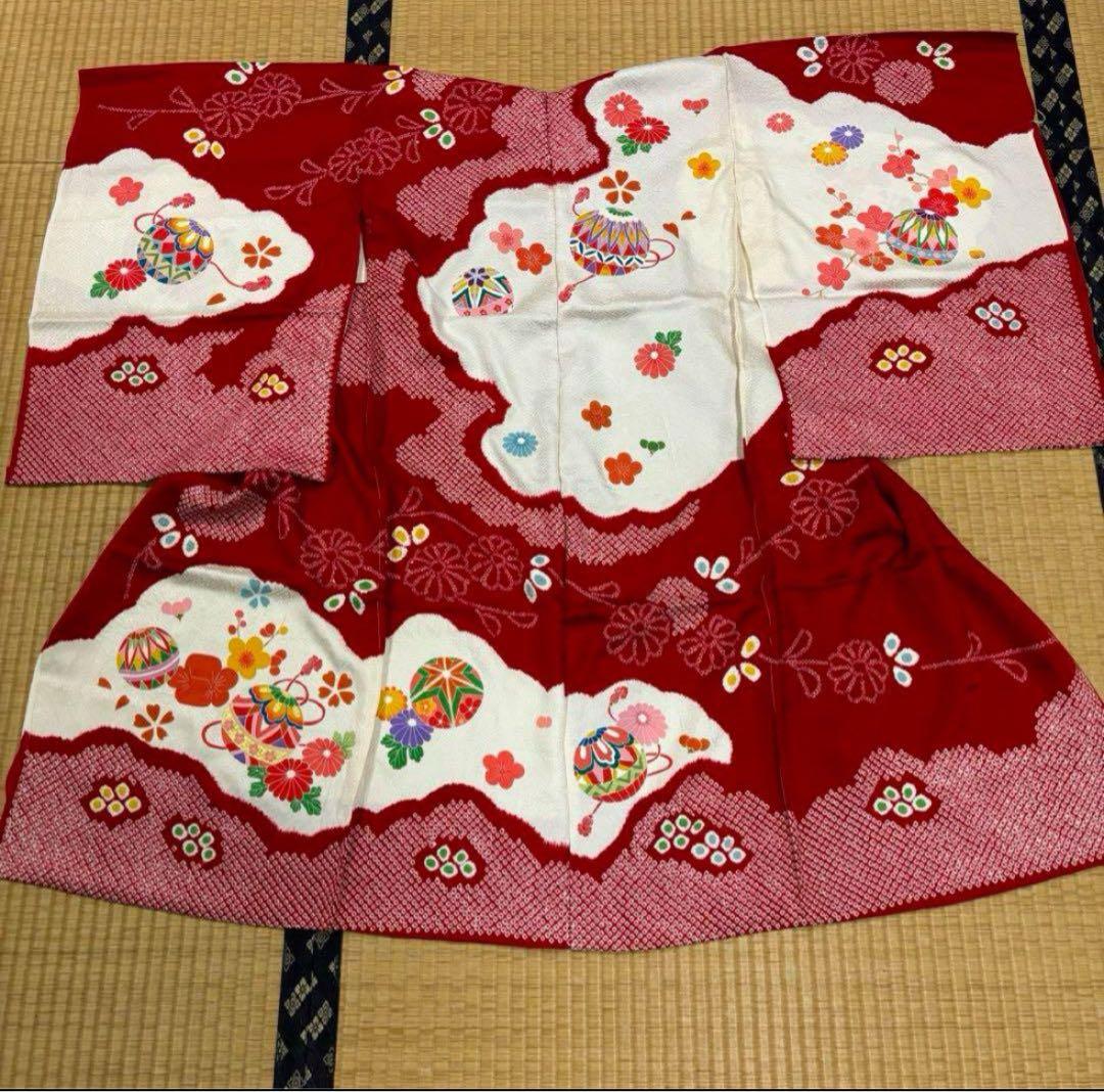 七五三　三ツ身女の子着物　正絹　仮絵羽　赤　豪華絞り　可愛い手毬柄　梅　鈴