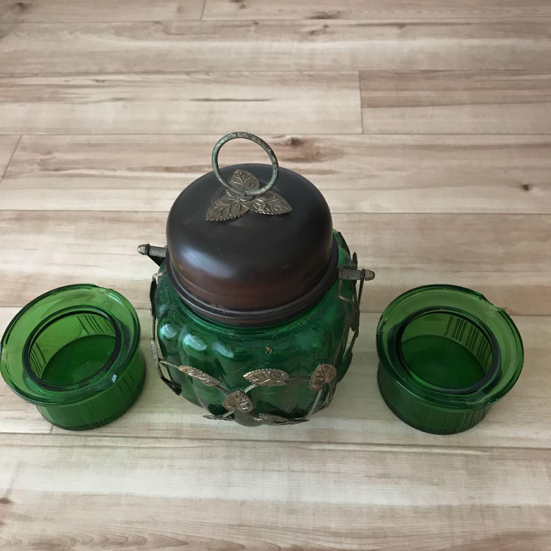 昭和レトロ＊オルゴール付グリーンガラスポット「乙女の祈り」同色アッシュトレイ2個