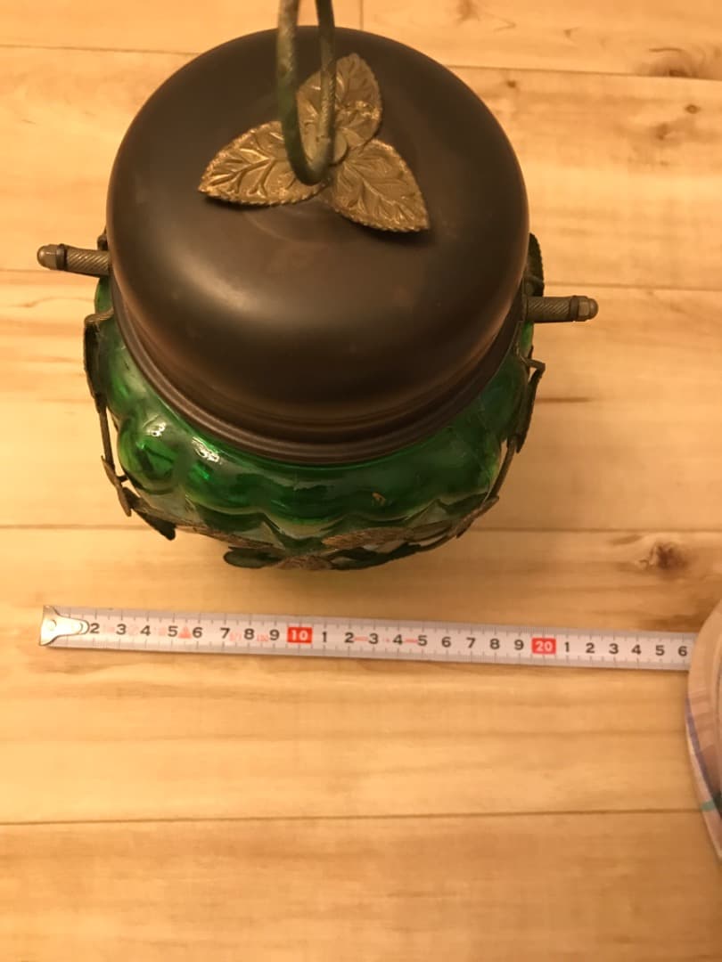 昭和レトロ＊オルゴール付グリーンガラスポット「乙女の祈り」同色アッシュトレイ2個