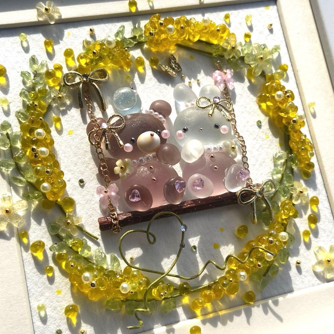 ♡ミモザリースのブランコで...♡シーグラスアート くまさんうさぎさん