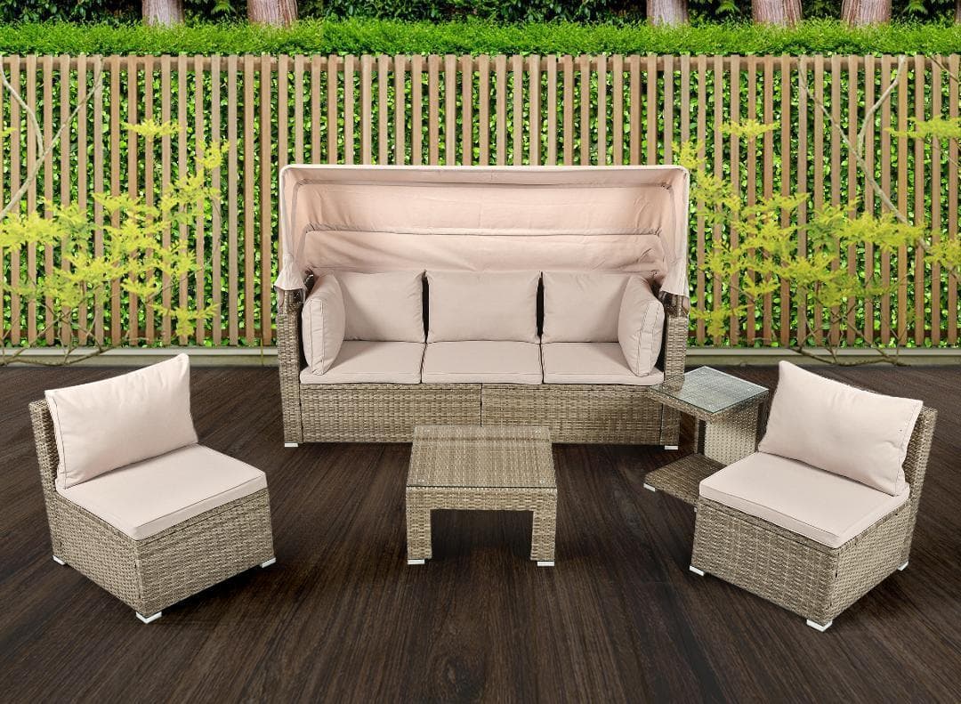 パラソル付き ガーデンファニチャー 5点 ガーデン テーブル チェアー ラタン調