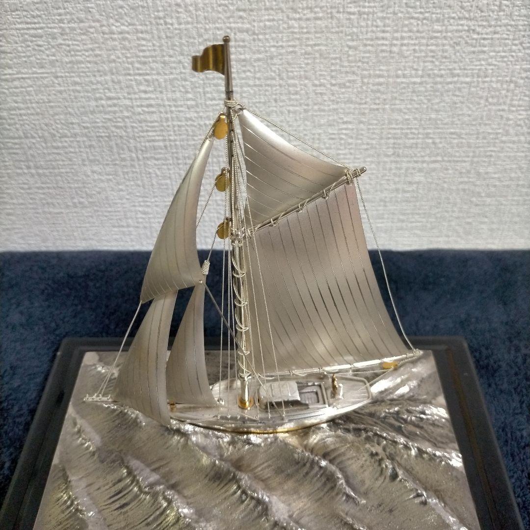 金属製 帆船模型 木製台座付き