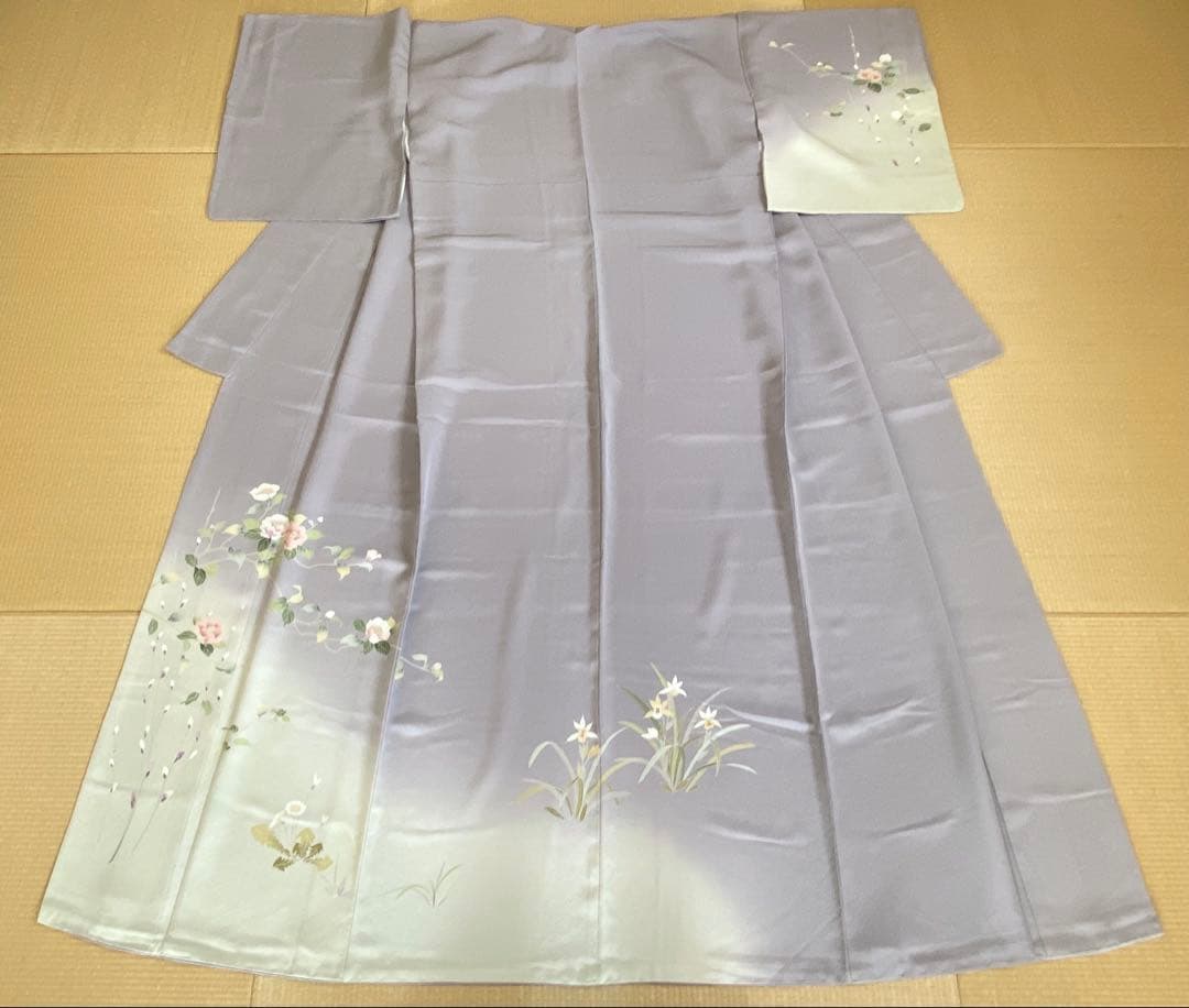 紫味のブルーグレー　友禅　花模様　訪問着（袷）フルセット　トールサイズ
