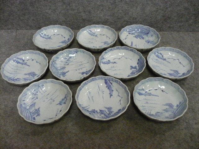 伊万里焼染付線描き海辺風景図なます皿10枚 [B31638]