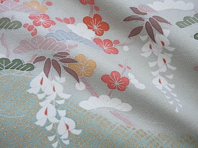 訪問着：美品-藤・桔梗・桜と菊・梅・淡いミントグリーン：袷正絹：N89