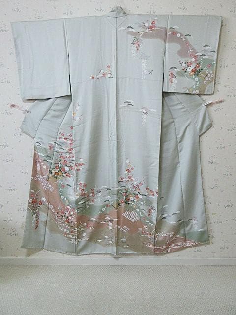 訪問着：美品-藤・桔梗・桜と菊・梅・淡いミントグリーン：袷正絹：N89