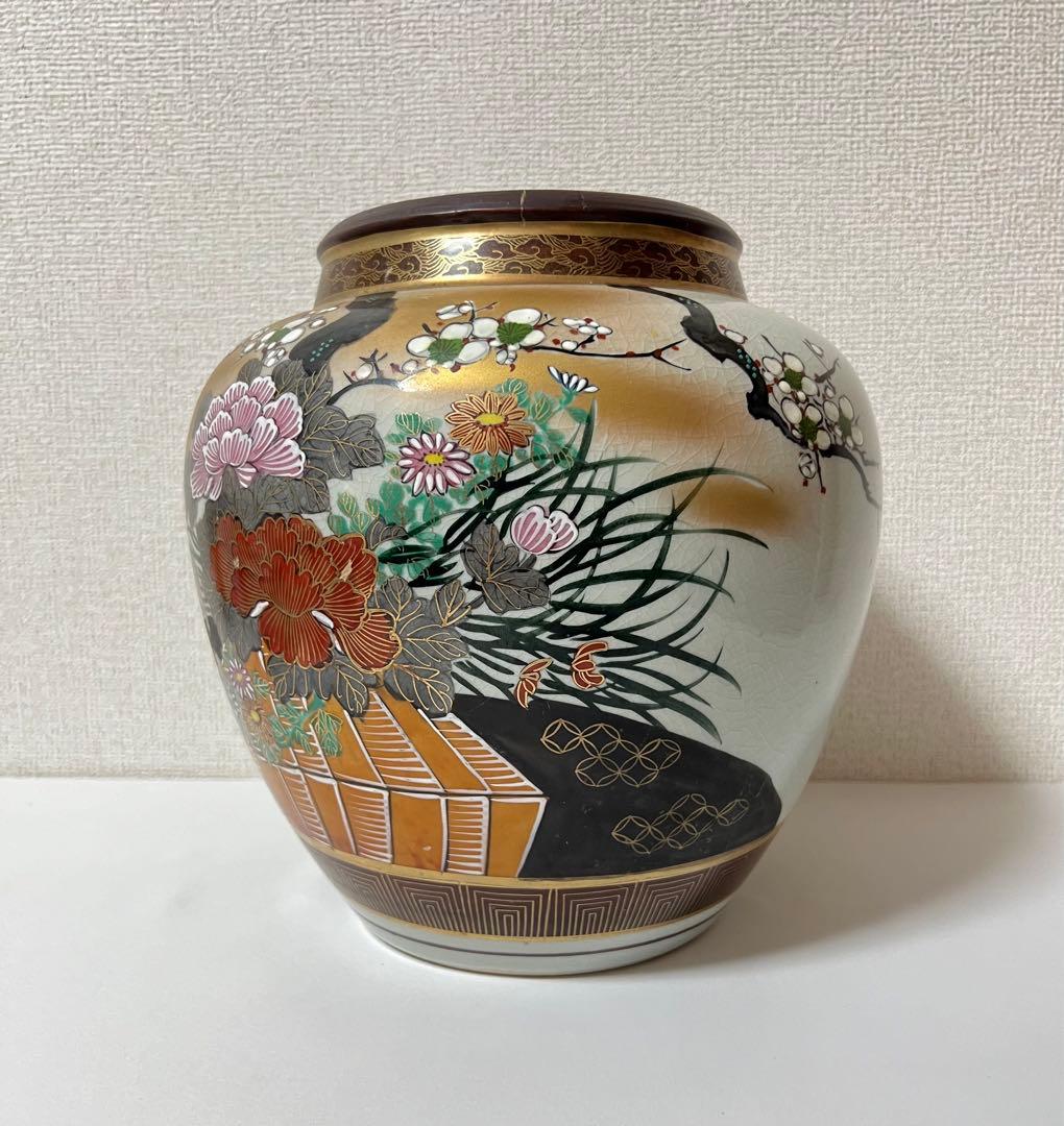 九谷竹隆 花瓶 壺 フラワーベース 金彩 花絵