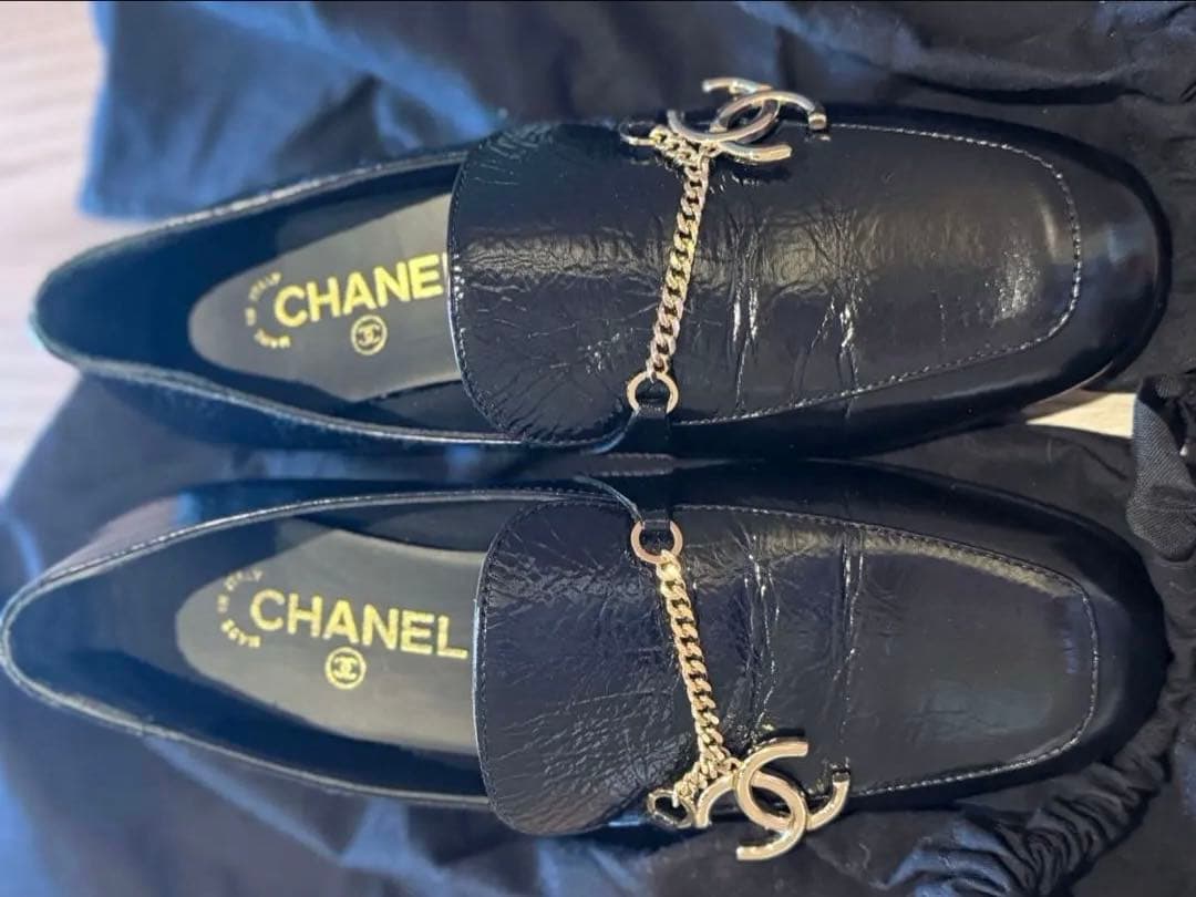 CHANEL レザー ローファー チェーン CCロゴ ブラック サイズ37C