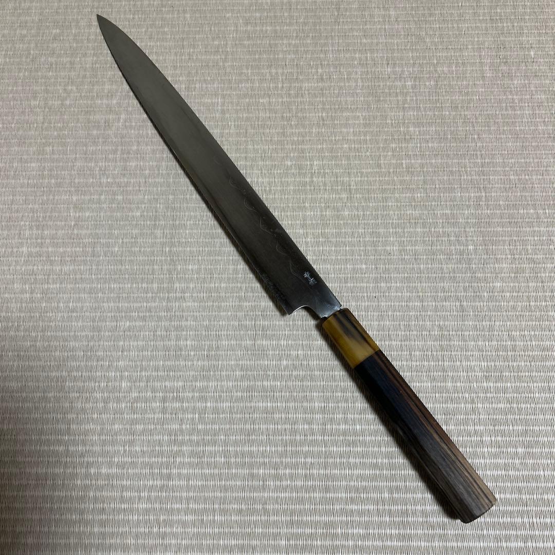 墨流し　青鋼　康之　柳刃　包丁　和包丁　黒檀白水牛八角柄　尺一