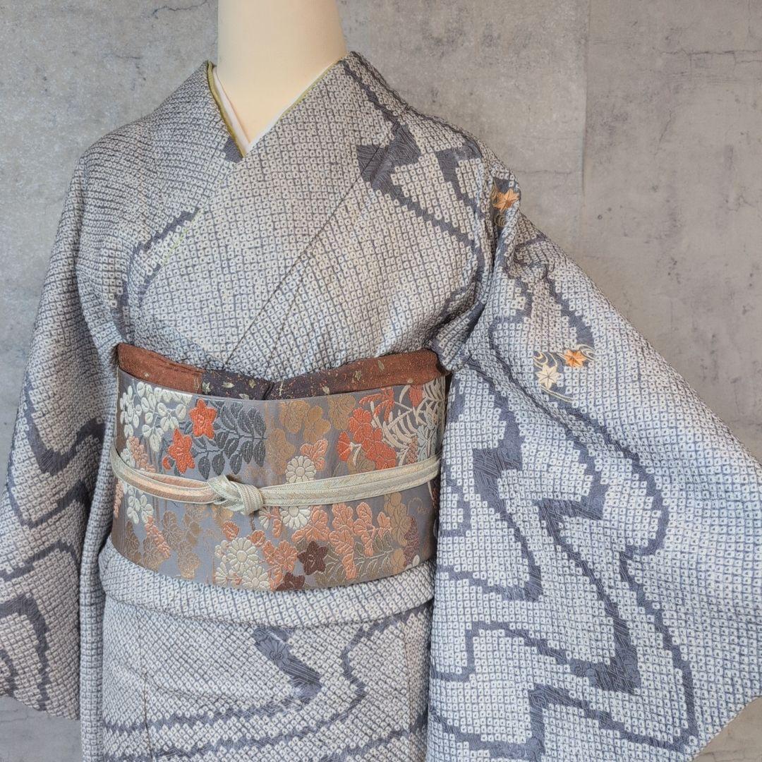 訪問着　フルセット　着物　正絹　総絞り　刺繍　紅葉　流水　水色　F2