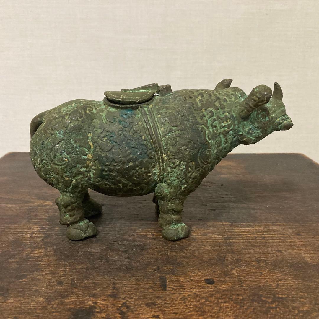 古いサイの置物 動物 銅製 オブジェ 香炉 工芸品 古美術 骨董品 レトロ