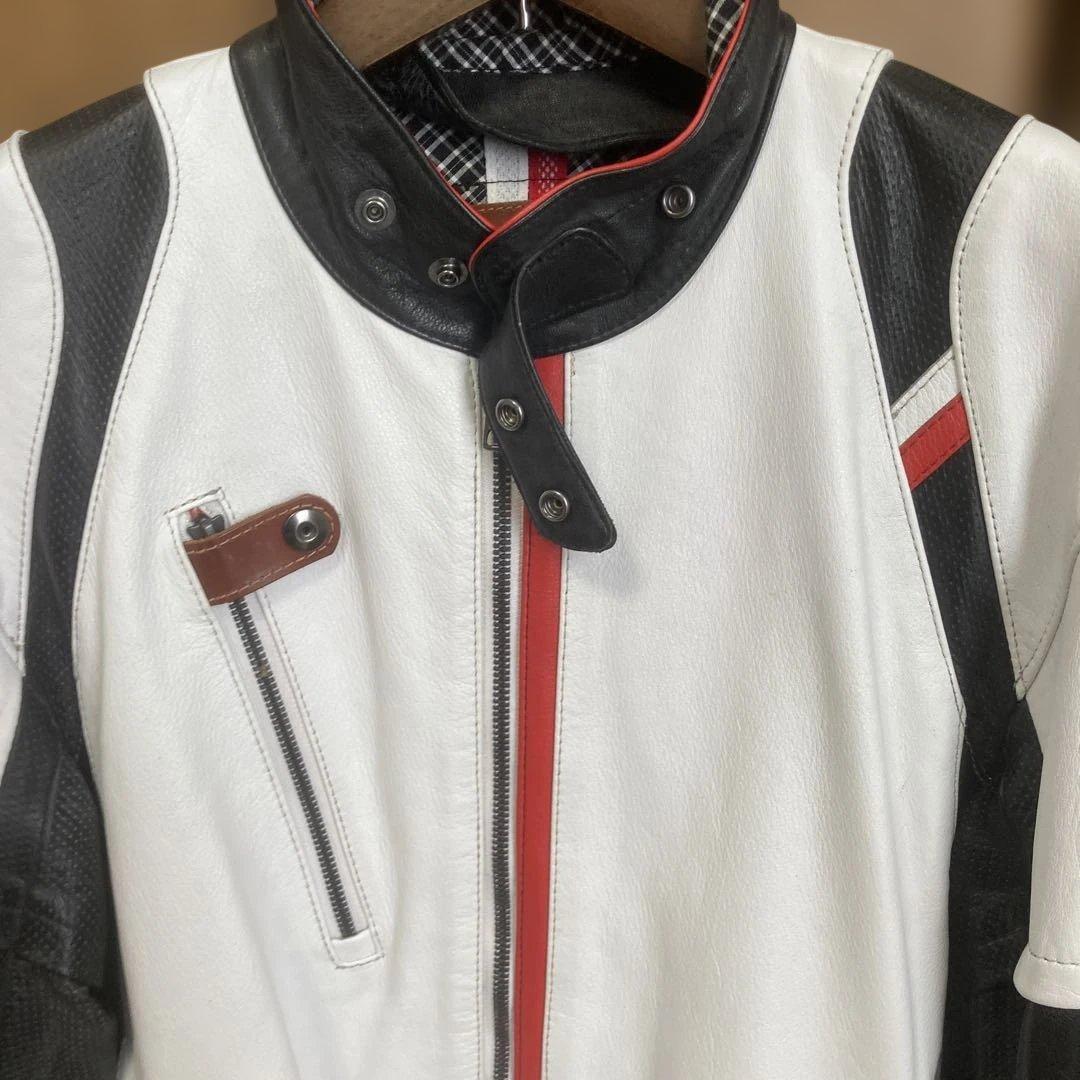 バイク用レザージャケット ホワイト/ブラック/レッド 希少サイズのLLの3W