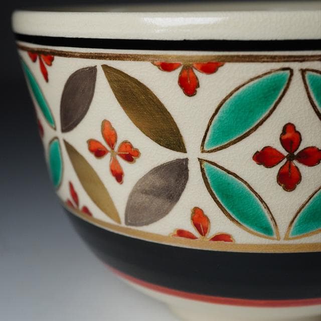 茜窯 岡田華渓　七宝絵茶碗　鵬雲斎宗匠御書付　共箱　茶道具　裏千家　色絵