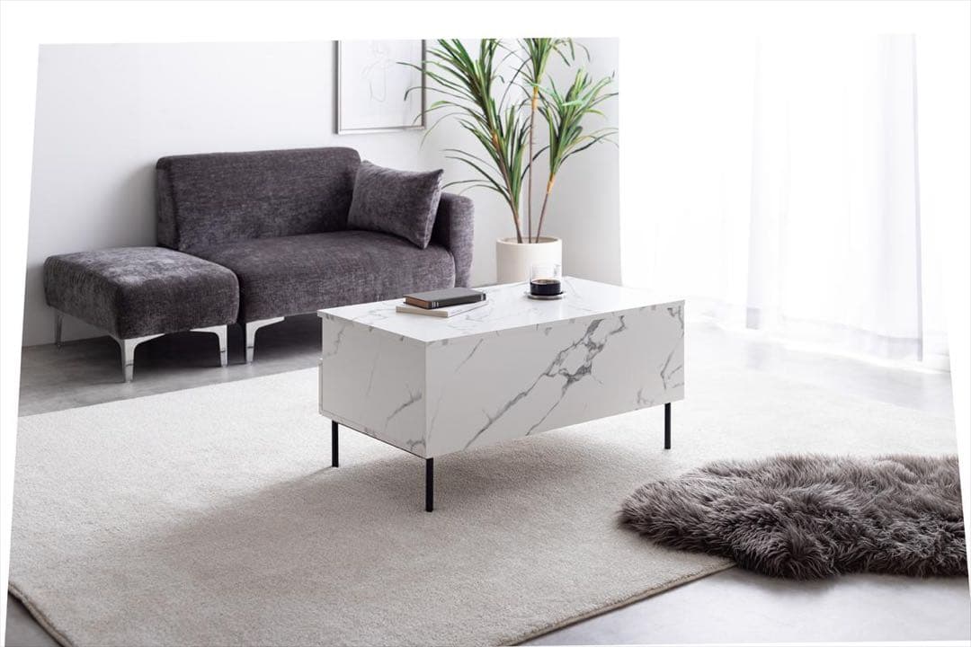 【幅80cm】大理石柄引き出し付きセンターテーブル　マーブルホワイト
