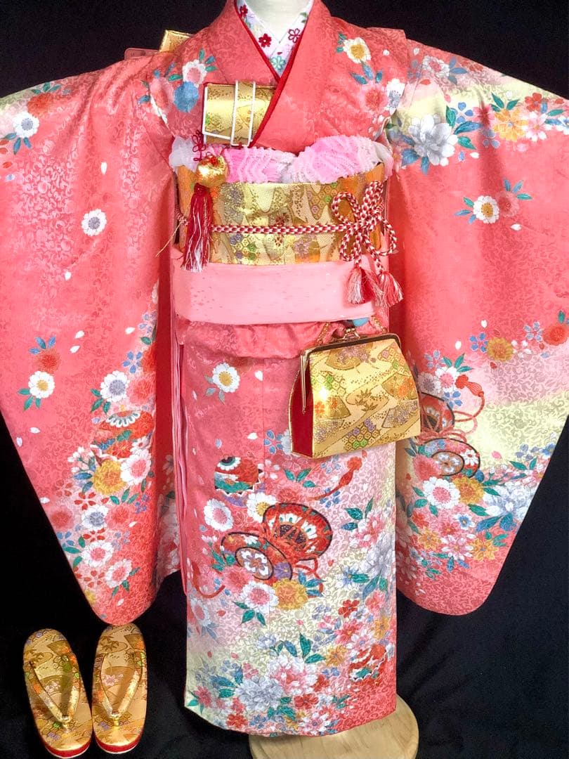 七五三　7歳　女の子　ピンク　四つ身　着物　作り帯　セット　753 七歳