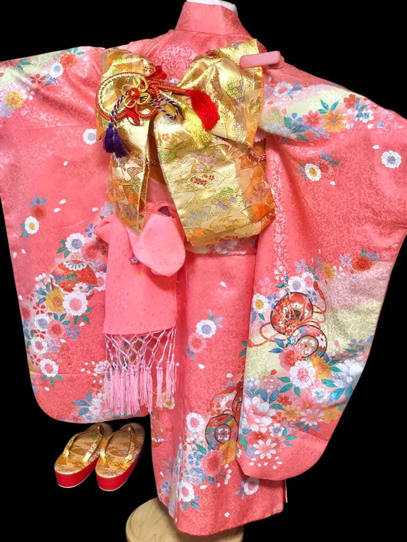 七五三　7歳　女の子　ピンク　四つ身　着物　作り帯　セット　753 七歳