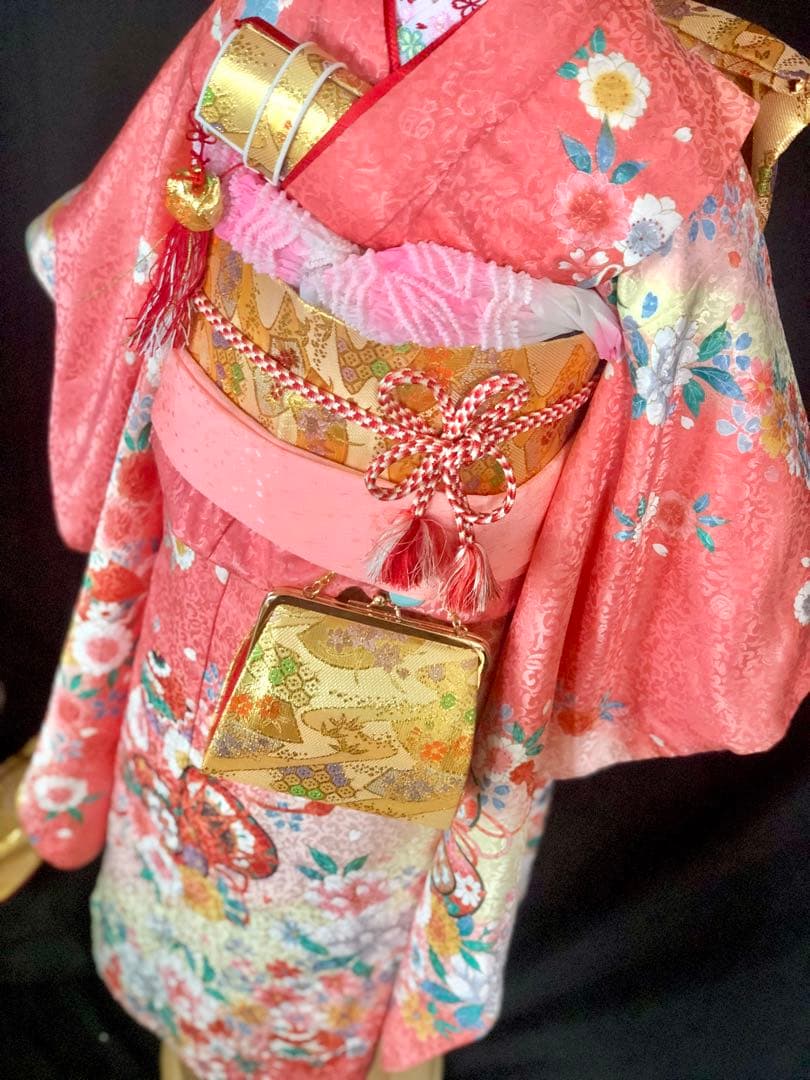 七五三　7歳　女の子　ピンク　四つ身　着物　作り帯　セット　753 七歳