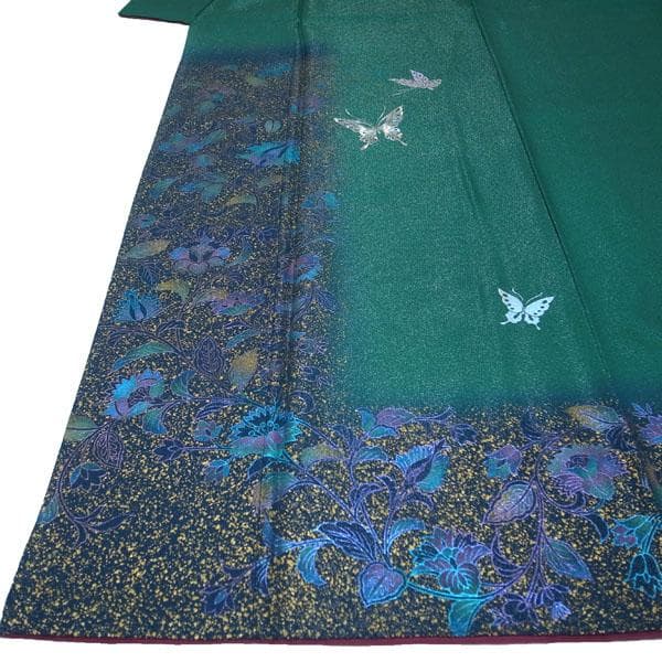 訪問着 袷 金彩加工 銀通し 手染め 緑 揚羽蝶 裄66 Ｌ 中古 sn1878