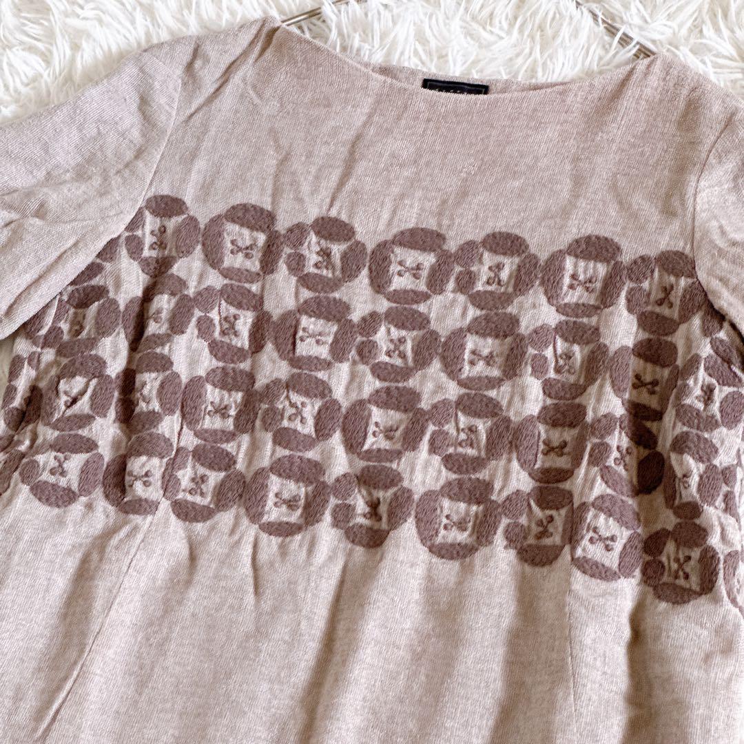 ミナペルホネン dear 刺繍ワンピース 半袖 リネン ベージュ系 36サイズ