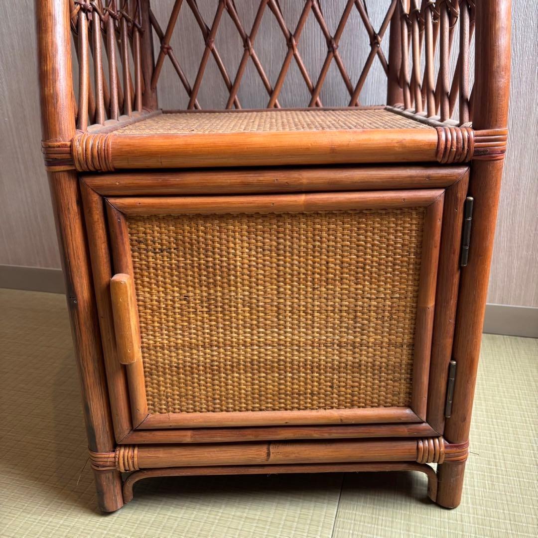 Ky80　昭和レトロ　ラタン　電話台　籐家具　ラタンラック　扉付き収納