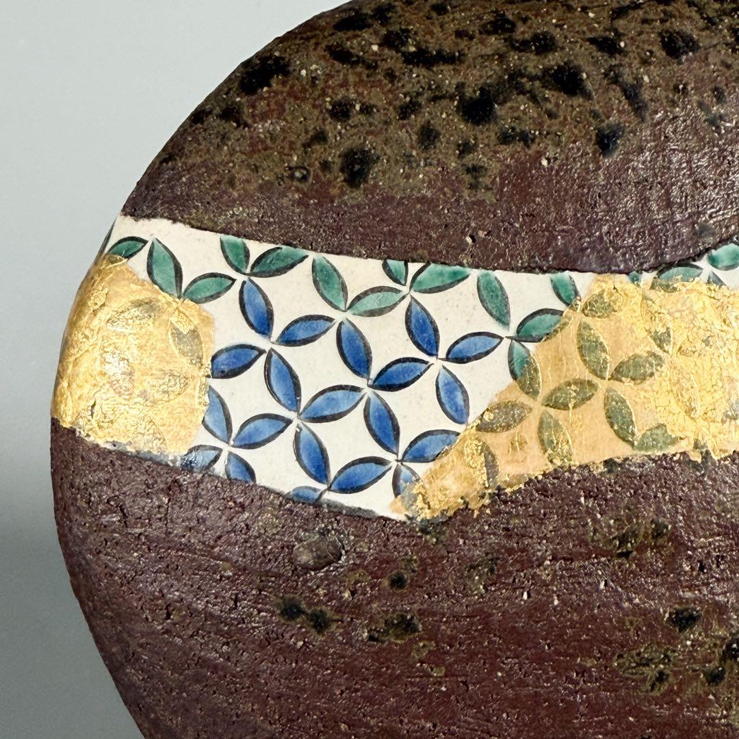 【中村梅山 造】象嵌色絵扁壷 在銘 飾壺 陶芸家 加賀の仁清 花入 花瓶 華道具