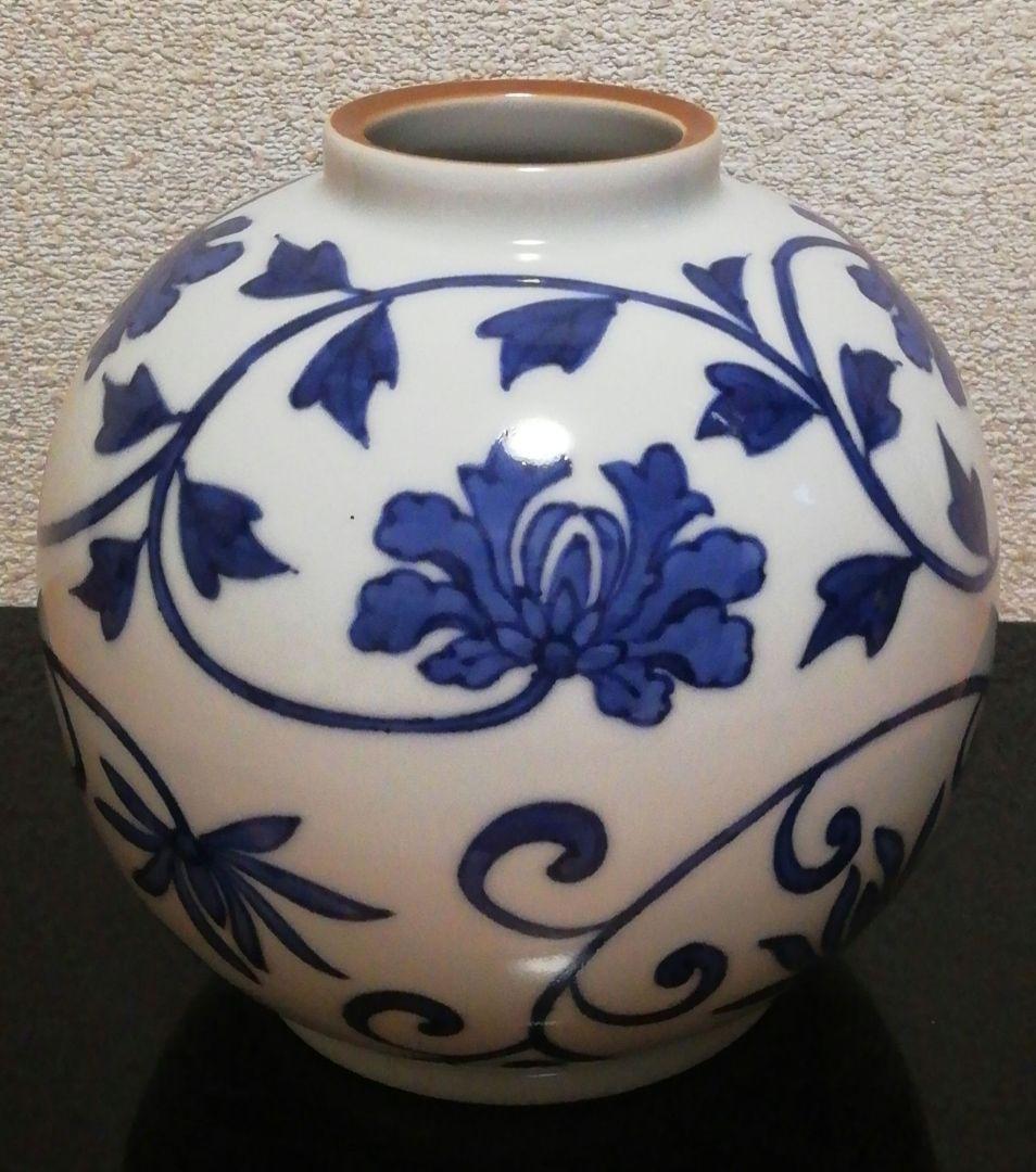 三浦竹泉作　染付　草花図　花入　共箱　共布　花瓶