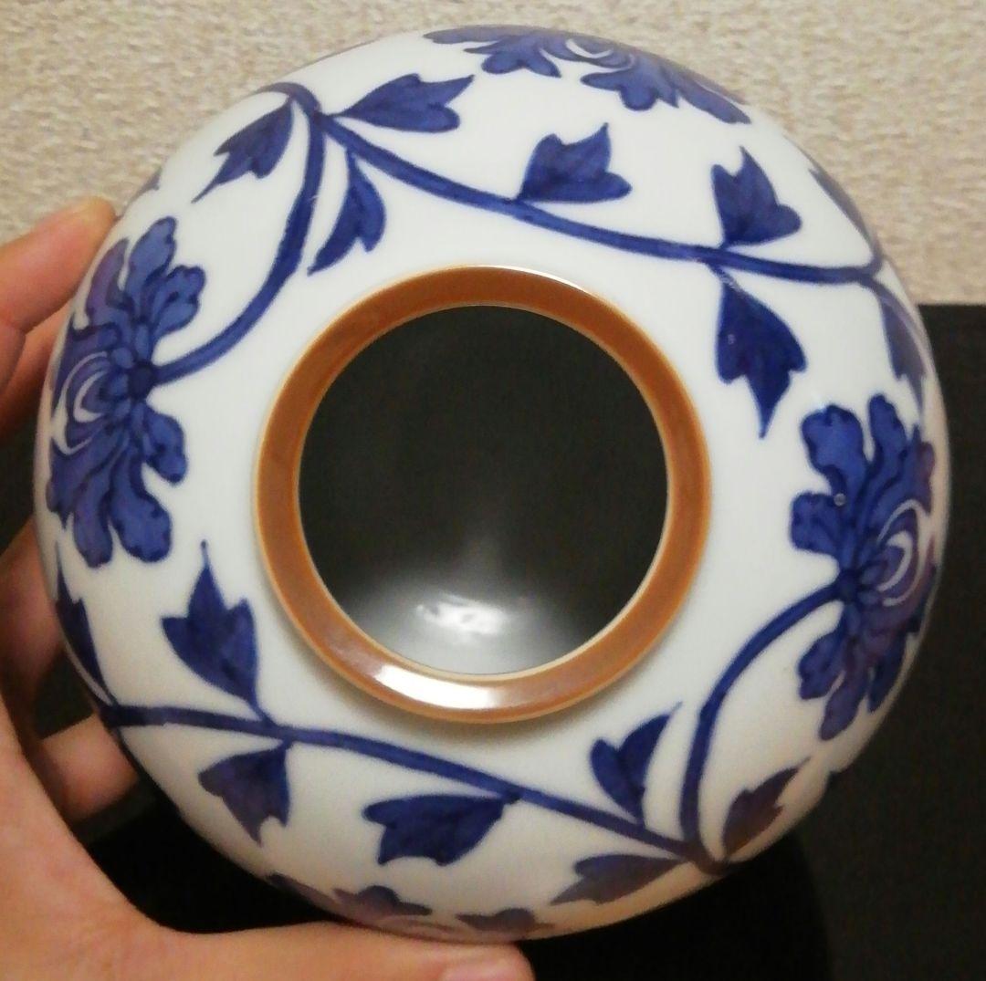 三浦竹泉作　染付　草花図　花入　共箱　共布　花瓶