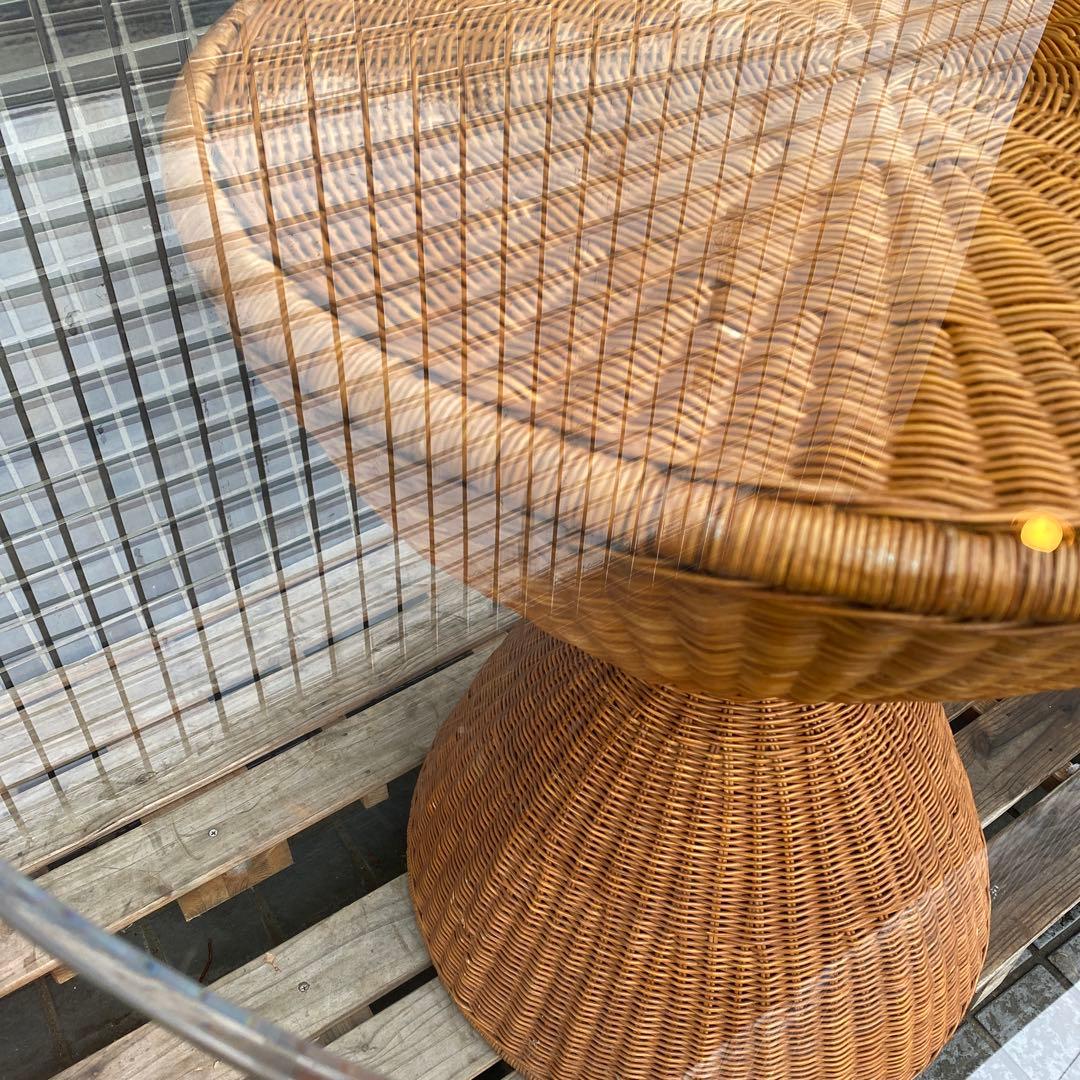 ラタン ヴィンテージダテーブル インテリア ガラス天板 店舗什器